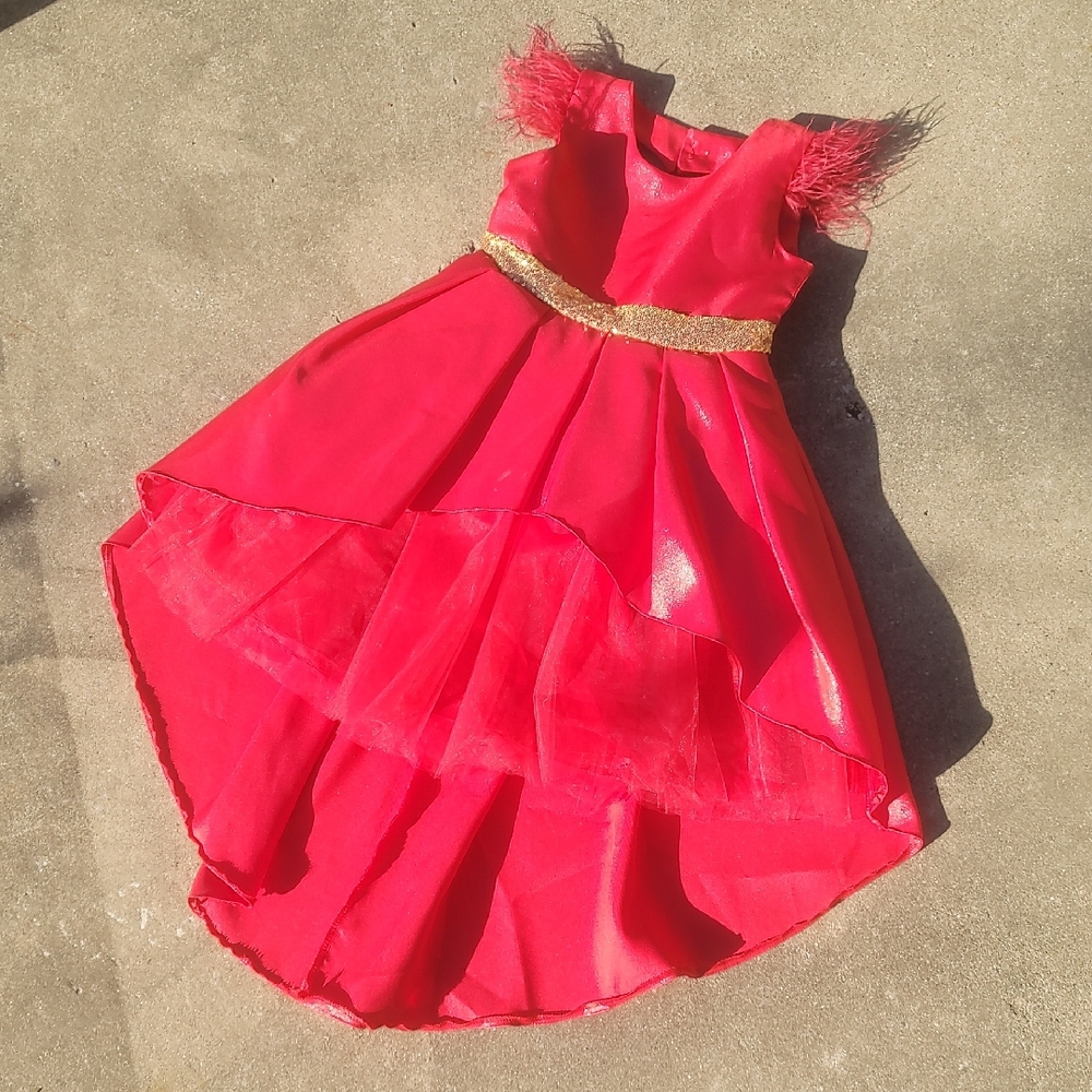 Girls' Red Tulle High-Low Party Dress with Gold Waistband